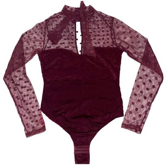 Vince Camuto Chloe Long Sleeve Lace Chocolate Burgundy Bodysuit Size XS… - Picture 2 of 6